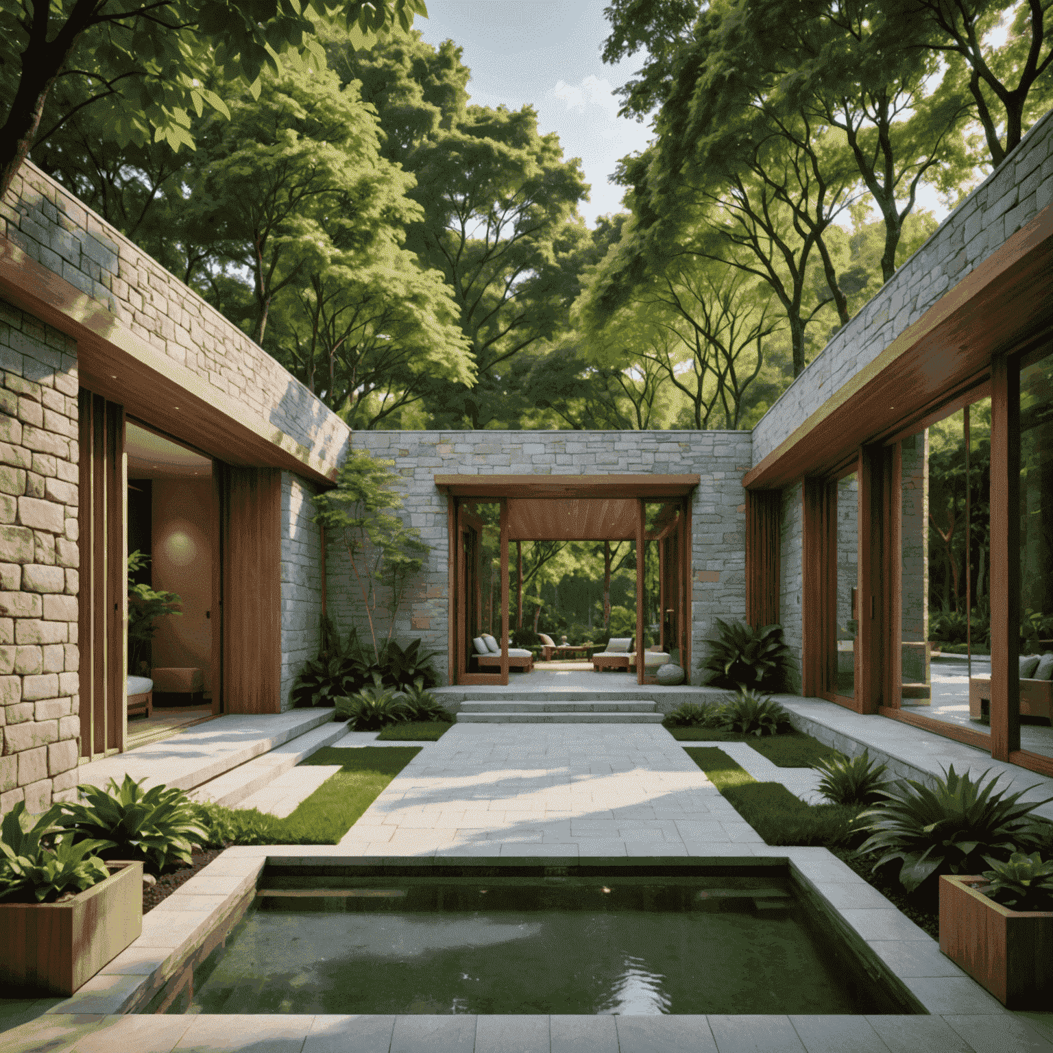 Exterior view of KingSpa, a luxurious spa building with a serene garden entrance. The facade features natural stone and wood elements, with large windows reflecting the surrounding greenery. A tranquil water feature adorns the pathway leading to the elegant entrance.