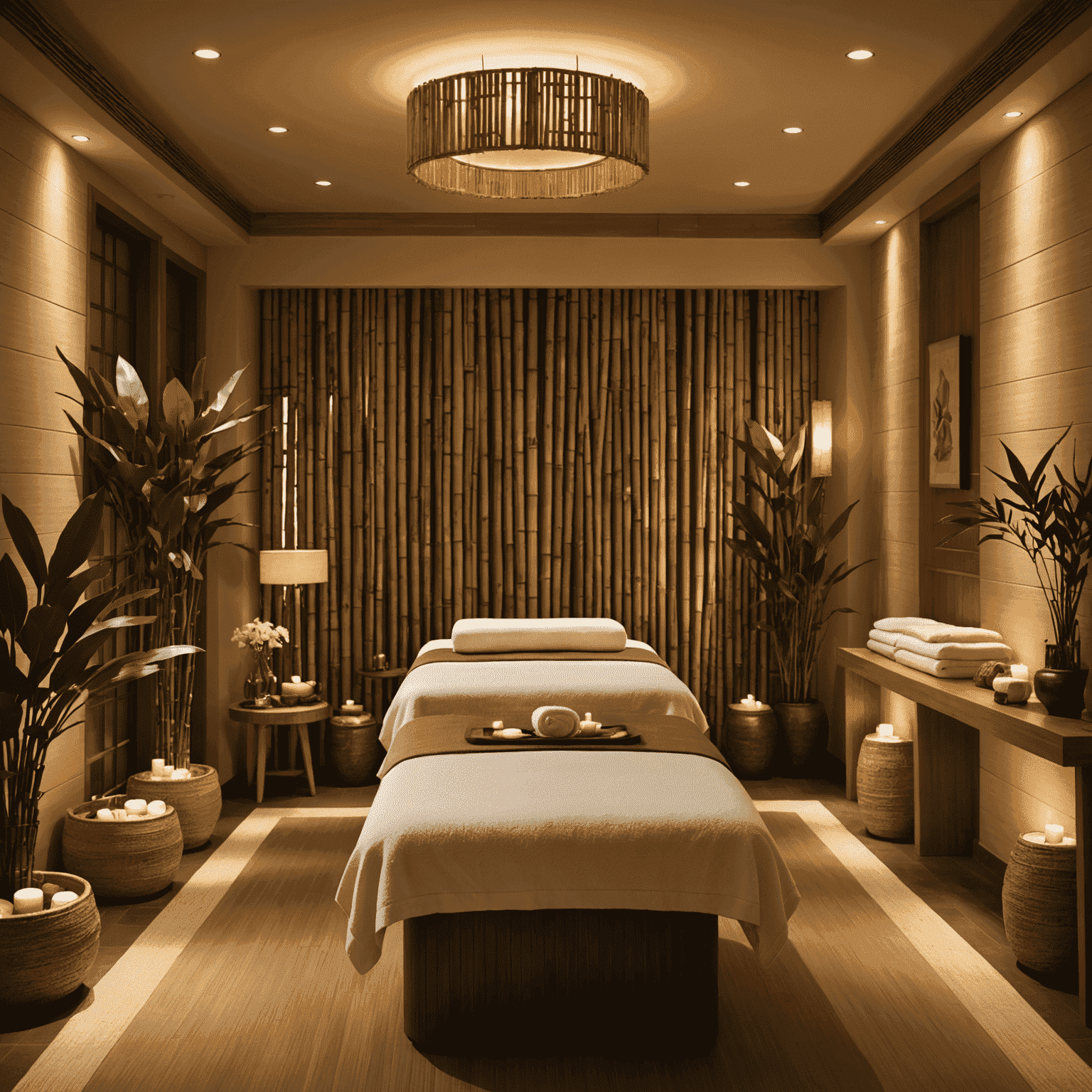 A serene spa treatment room with soft lighting, plush massage tables, and natural decor elements like bamboo and stone. The room exudes a calm and luxurious atmosphere.