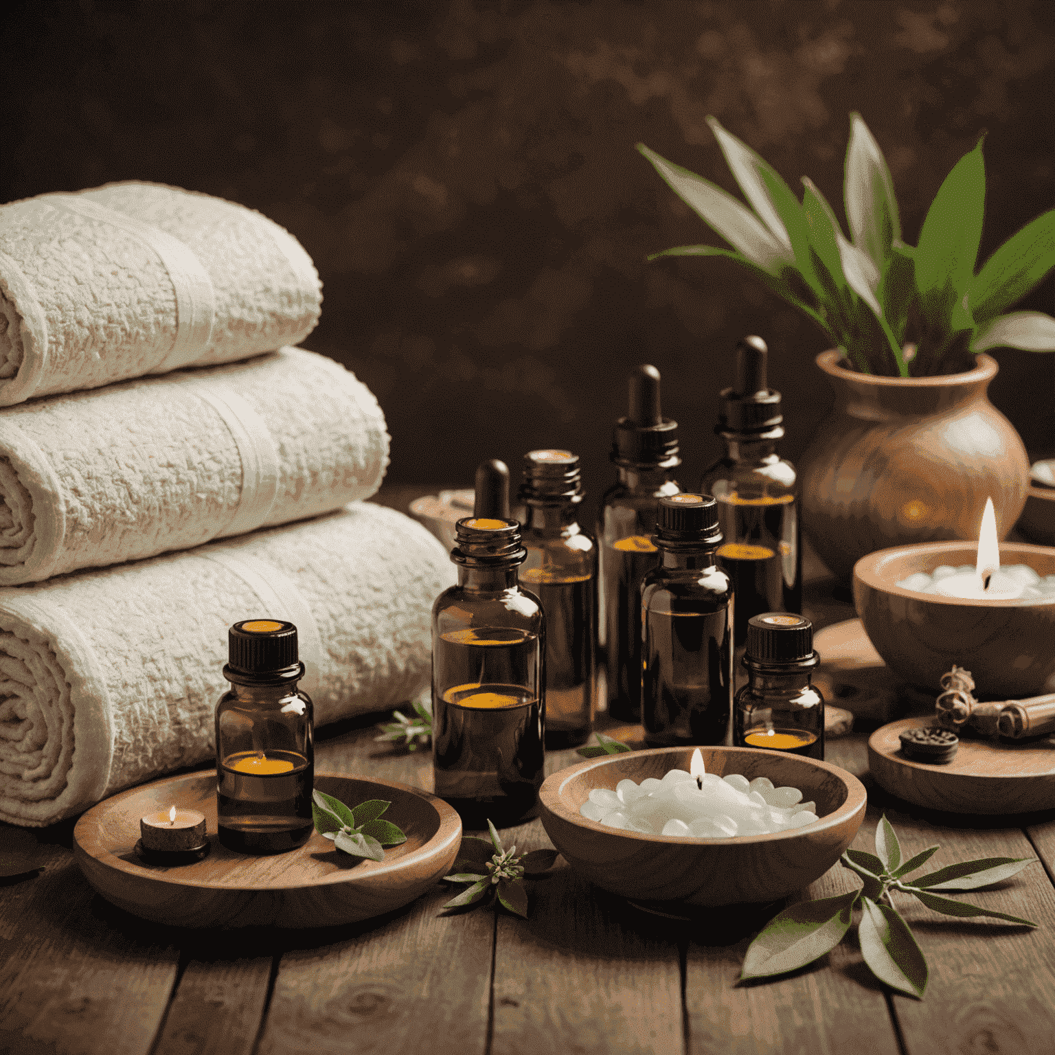 A serene spa setting with various essential oil bottles and diffusers, showcasing different aromatherapy blends