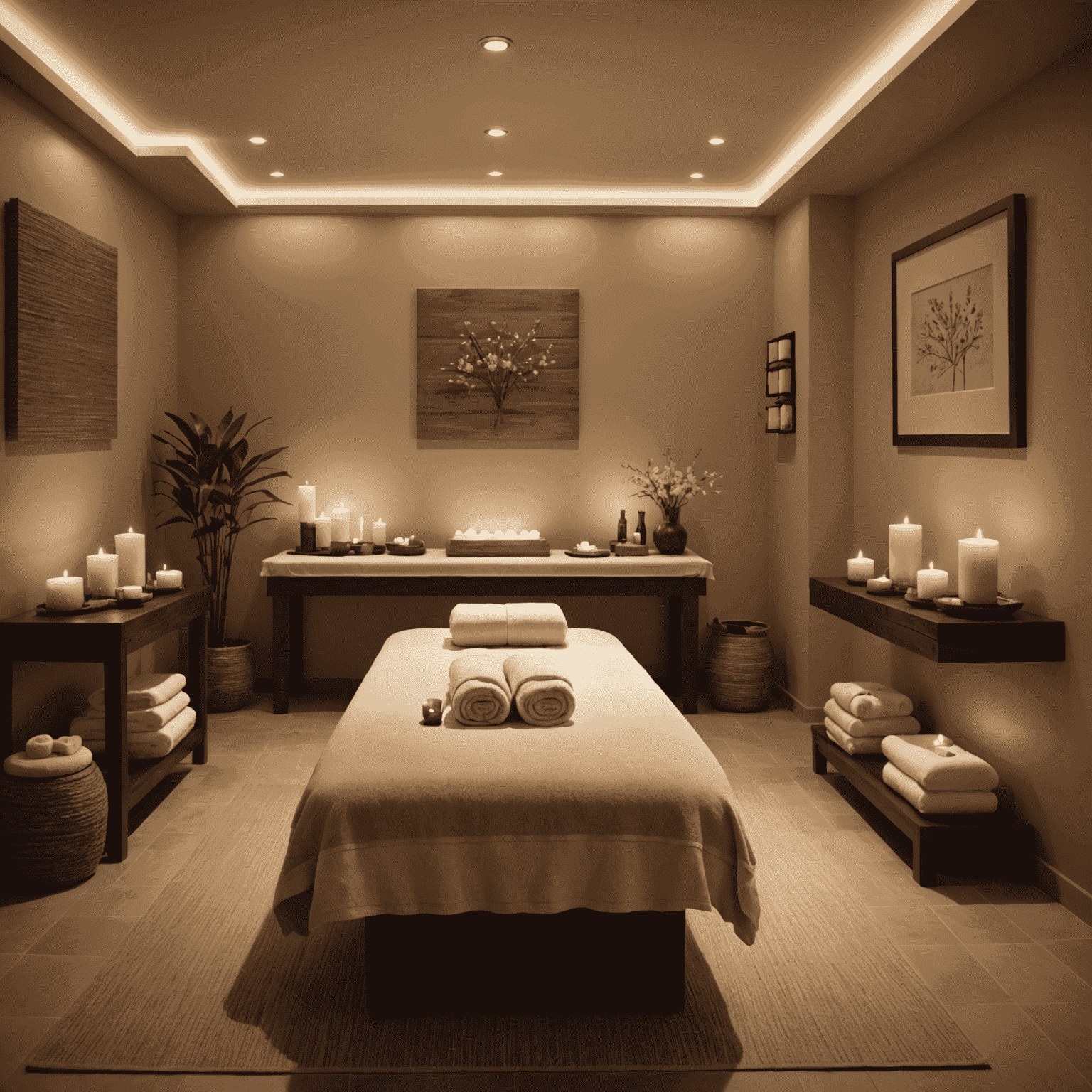 A serene spa room with soft lighting, featuring a massage table and mindfulness elements such as meditation cushions and aromatherapy diffusers