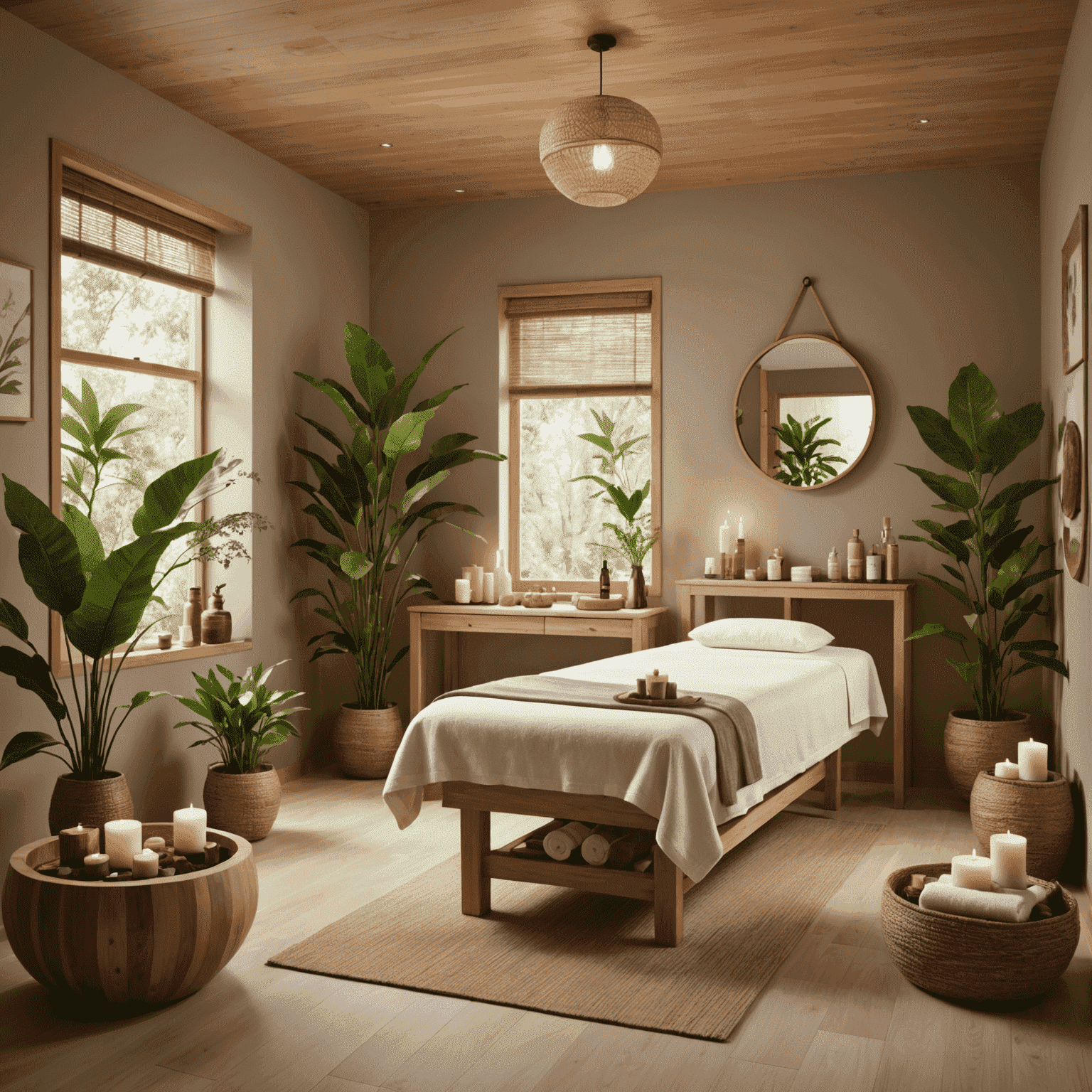 A serene spa treatment room with natural materials, plants, and eco-friendly products visible