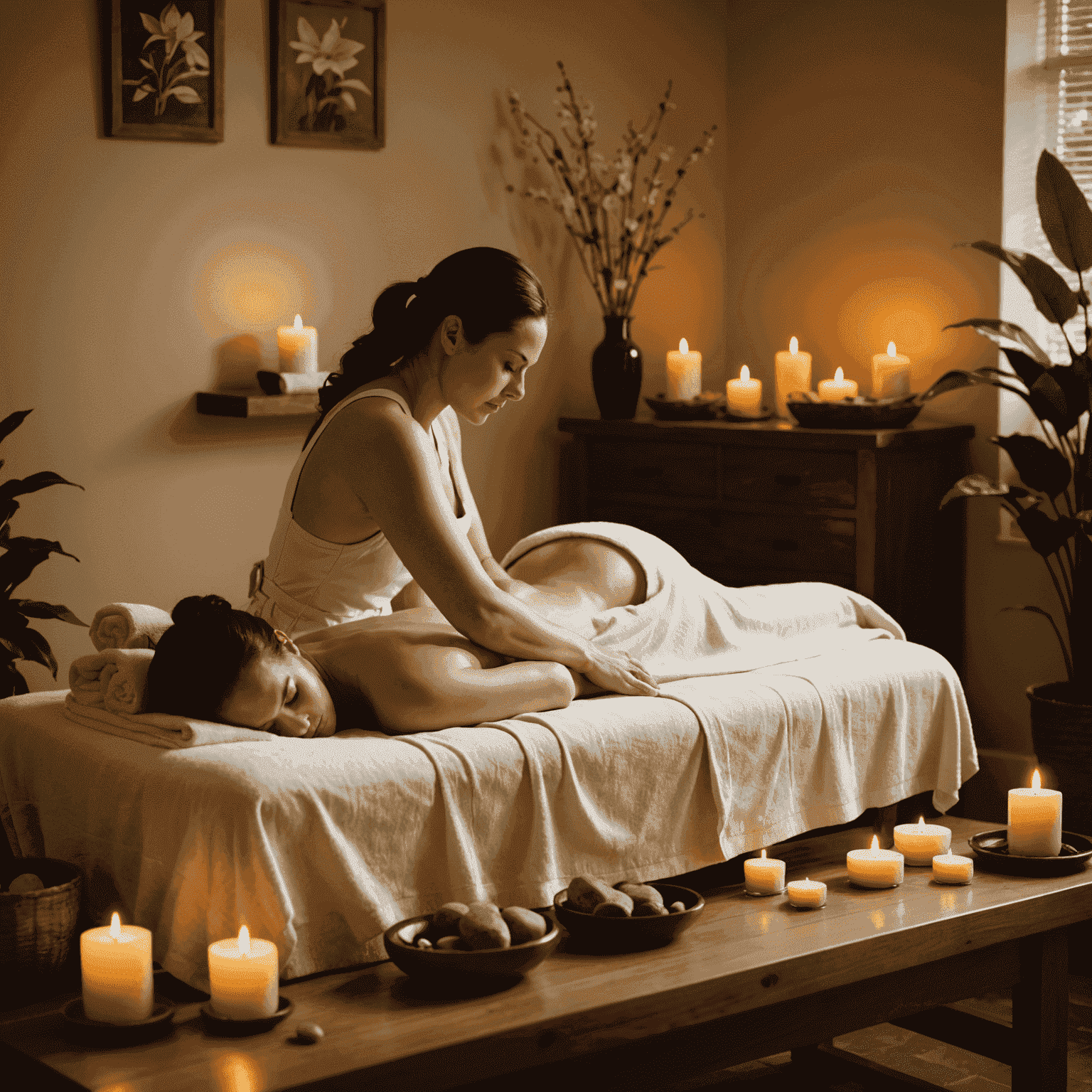 Various massage techniques including Swedish and deep tissue massage being performed in a serene spa setting with soft lighting and natural decor