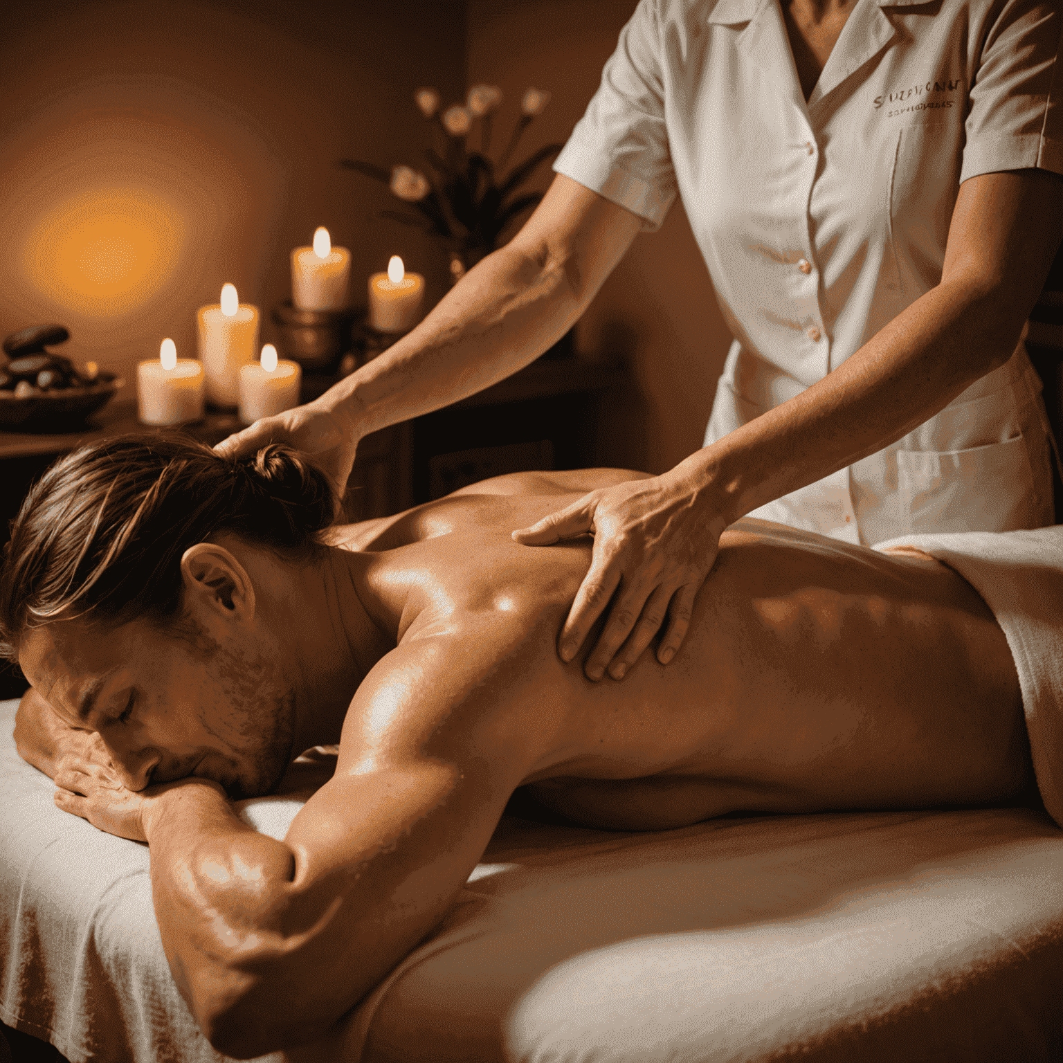 A therapist performing Swedish massage techniques on a client's back, using long, flowing strokes in a serene spa setting with soft lighting and natural decor