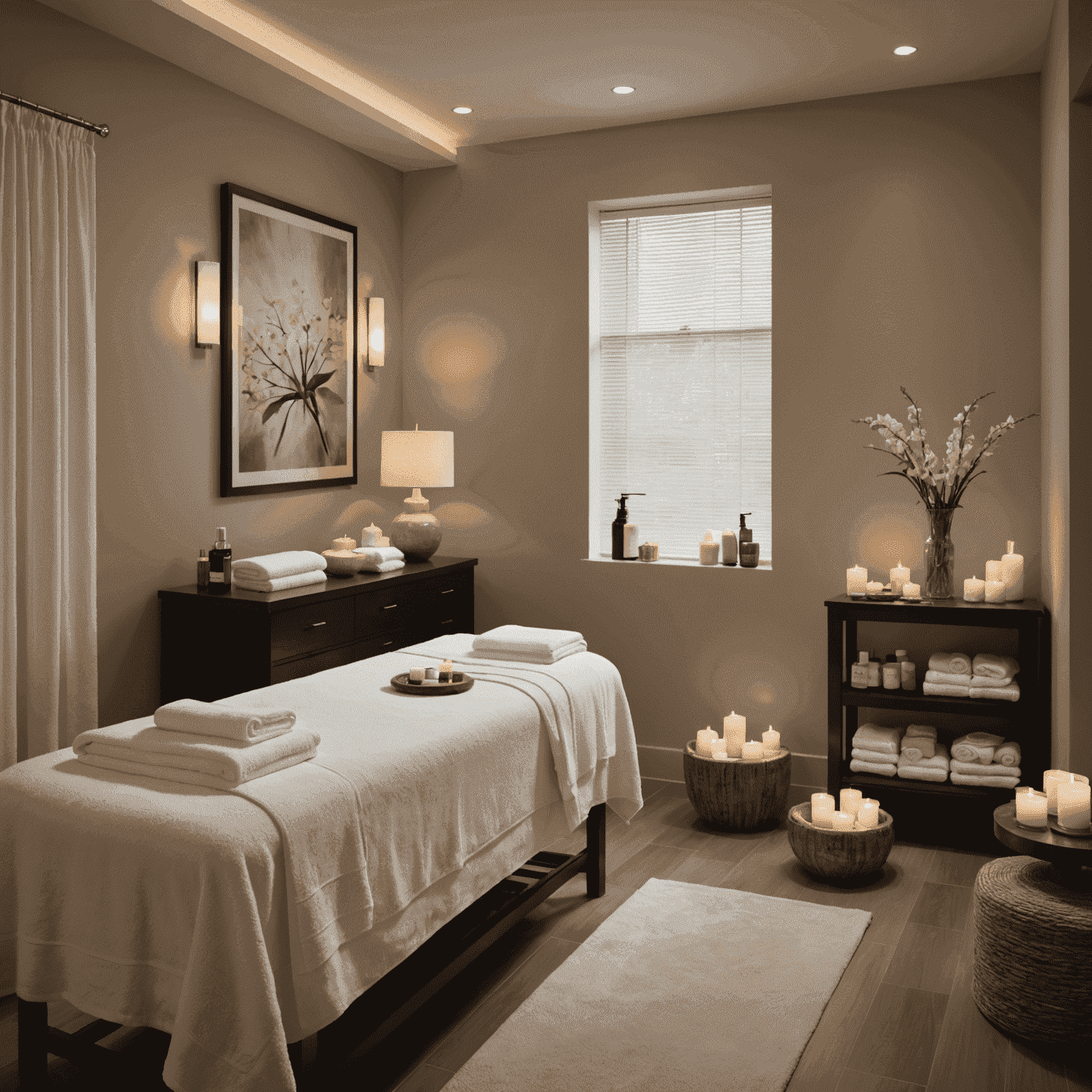 A serene spa room with soft lighting, featuring a comfortable treatment bed adorned with plush white towels. Nearby, an array of high-end skincare products are elegantly displayed.