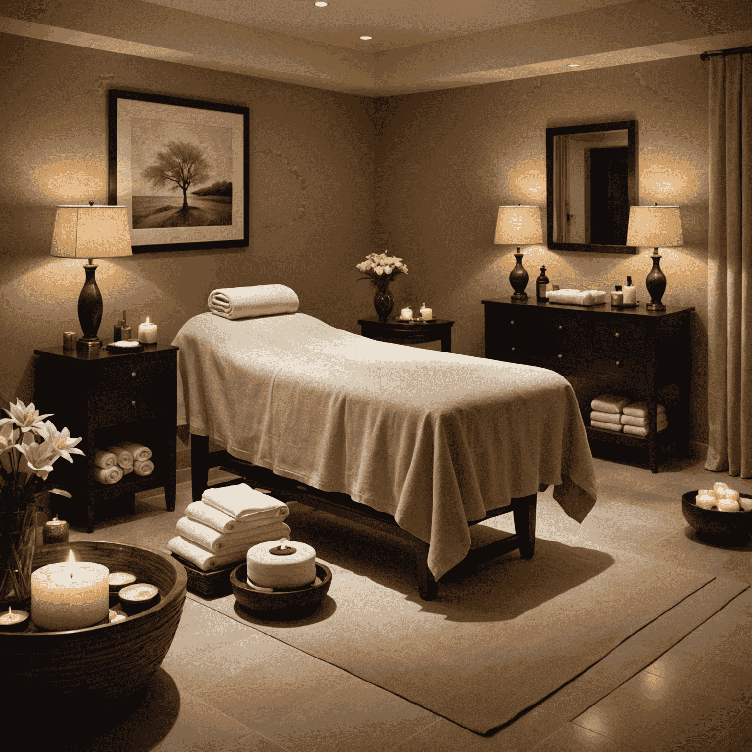 A serene spa room with soft lighting, featuring a treatment table draped in luxurious linens. Various body wrap and scrub products are elegantly displayed nearby.