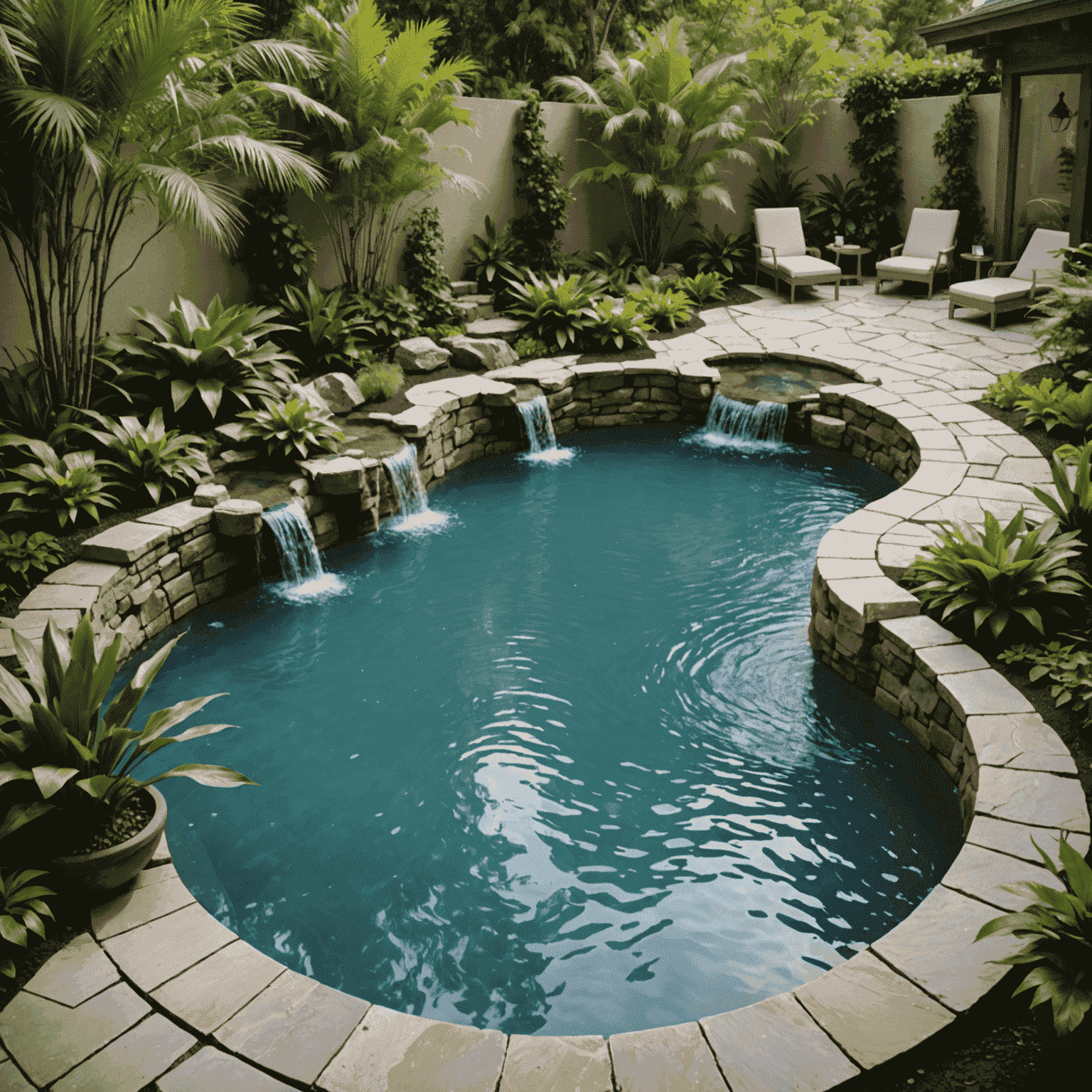 A serene hydrotherapy pool with gentle waterfalls, surrounded by natural stone and lush plants, creating a tranquil atmosphere for relaxation and healing