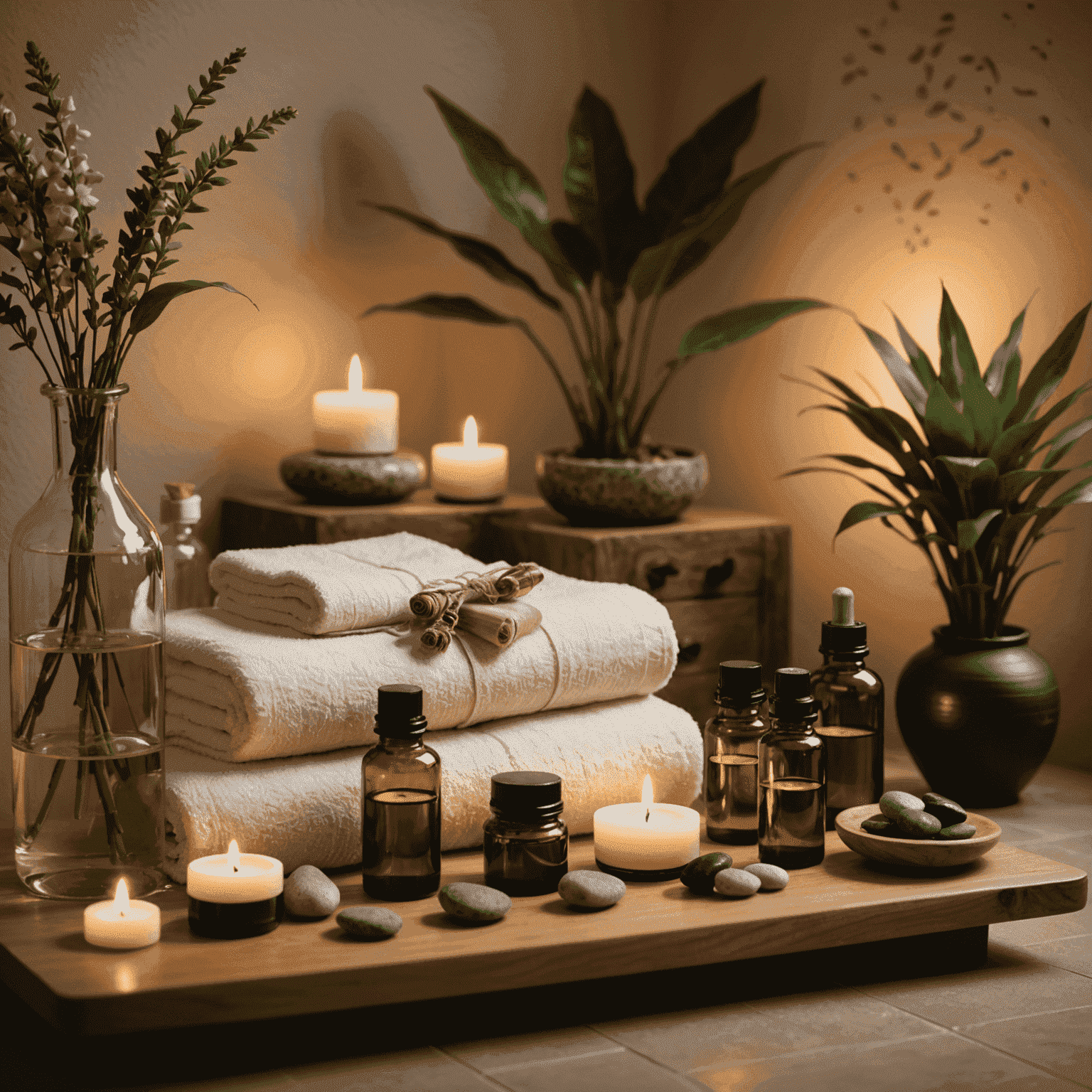 A serene aromatherapy room with diffusers, essential oil bottles, and a comfortable massage table. Soft, warm lighting and natural elements like plants and stones create a calming atmosphere.