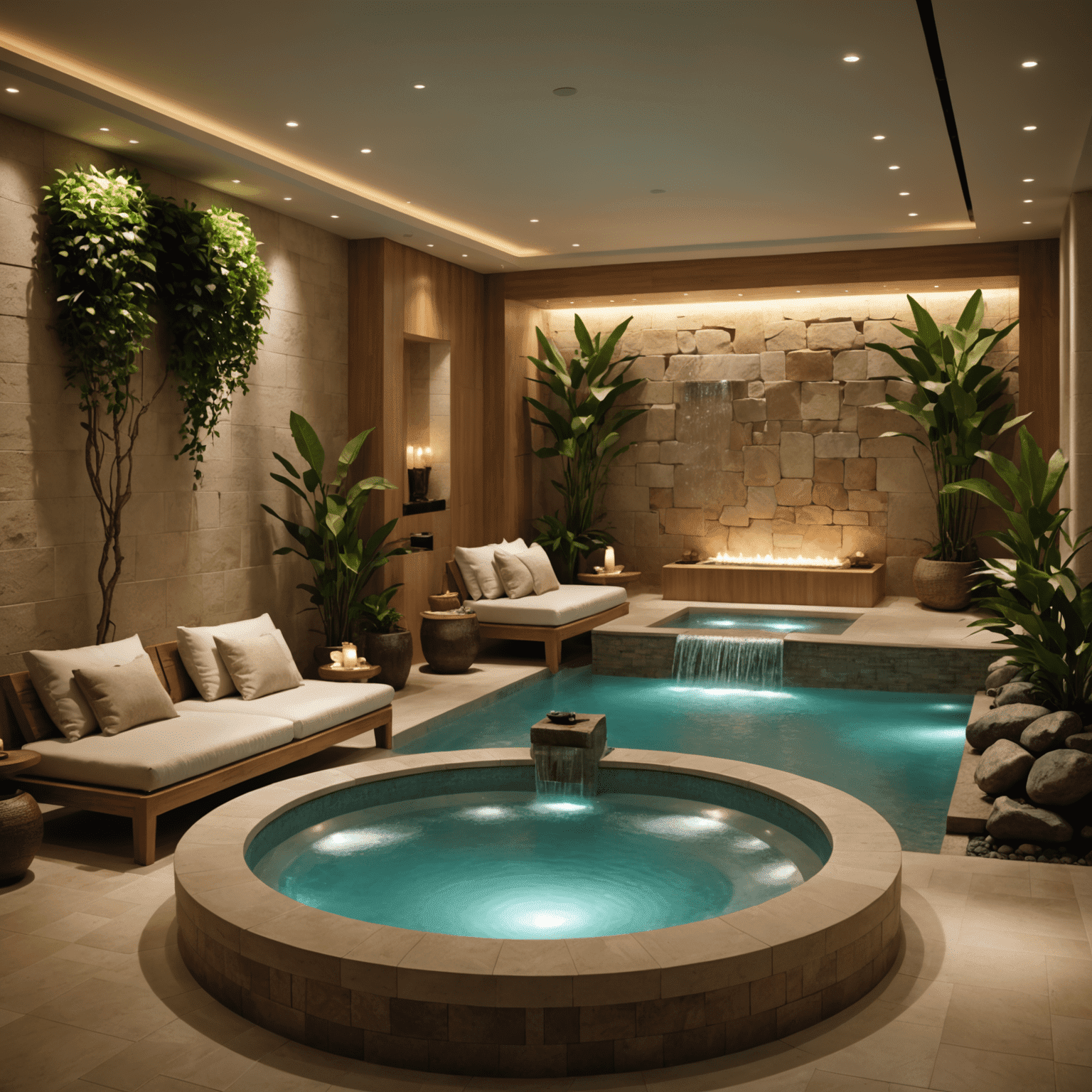 A tranquil spa relaxation area with comfortable loungers, soft lighting, and a water feature. The space is decorated with natural elements and exudes a sense of peace and luxury.