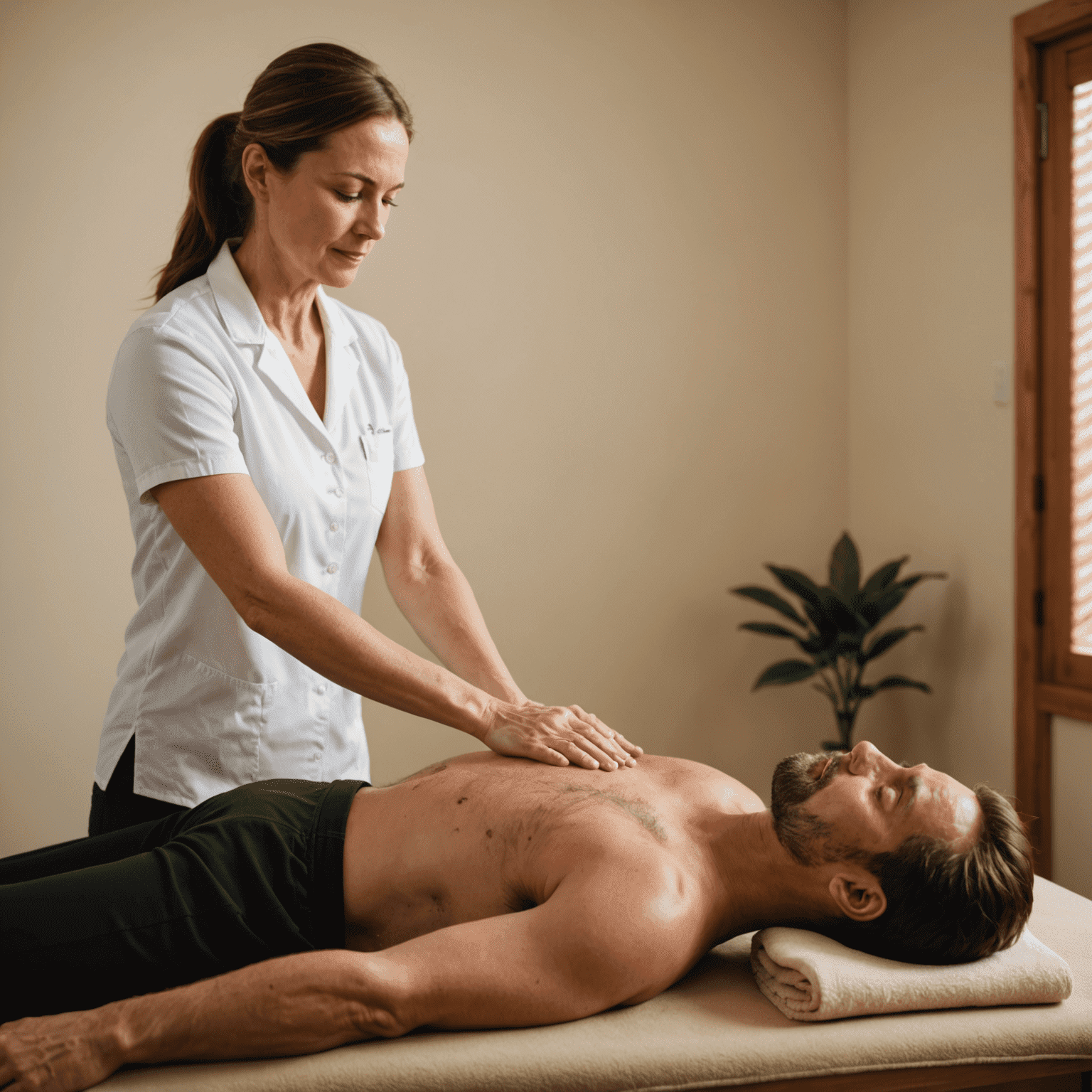 A massage therapist guiding a client through a mindful breathing exercise before beginning the massage