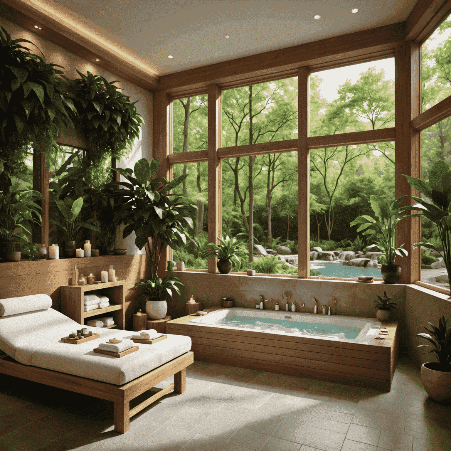 A spa relaxation area with large windows allowing natural light, energy-efficient lighting, and lush plants