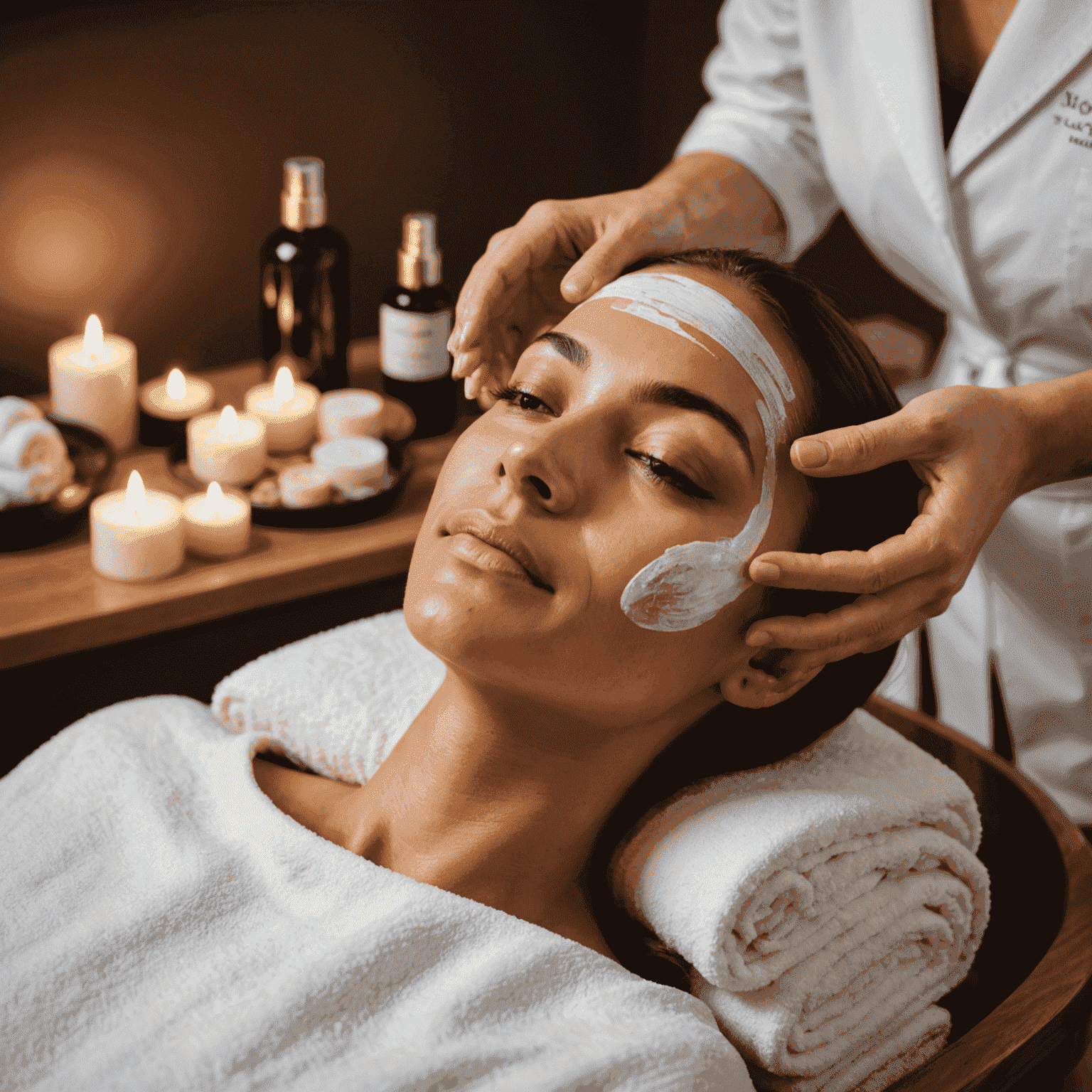 A spa therapist applying luxurious facial treatments to a relaxed client, surrounded by high-end skincare products