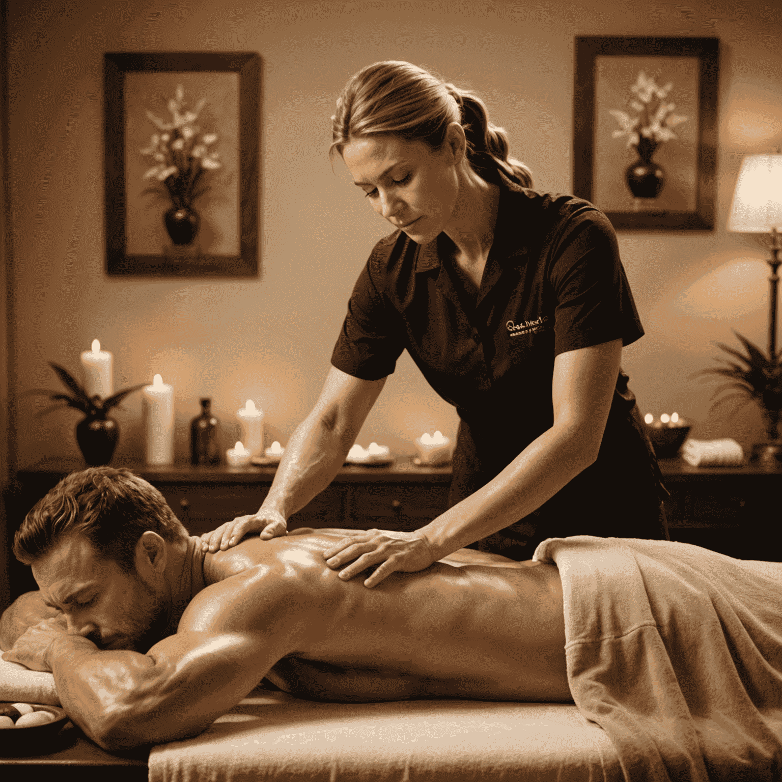 A massage therapist applying firm pressure to a client's muscles, focusing on deep layers of tissue in a tranquil spa room with earthy tones