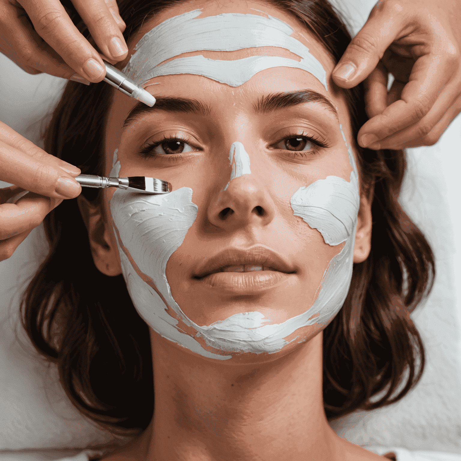 A close-up of a woman's face receiving a hydrating facial treatment, with a gentle hand applying a luxurious cream