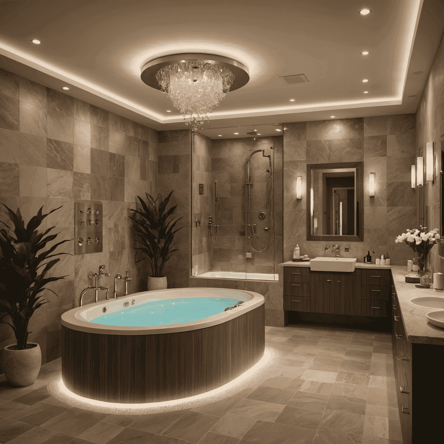 A luxurious hydrotherapy treatment room with a state-of-the-art Vichy shower, soft lighting, and natural stone accents