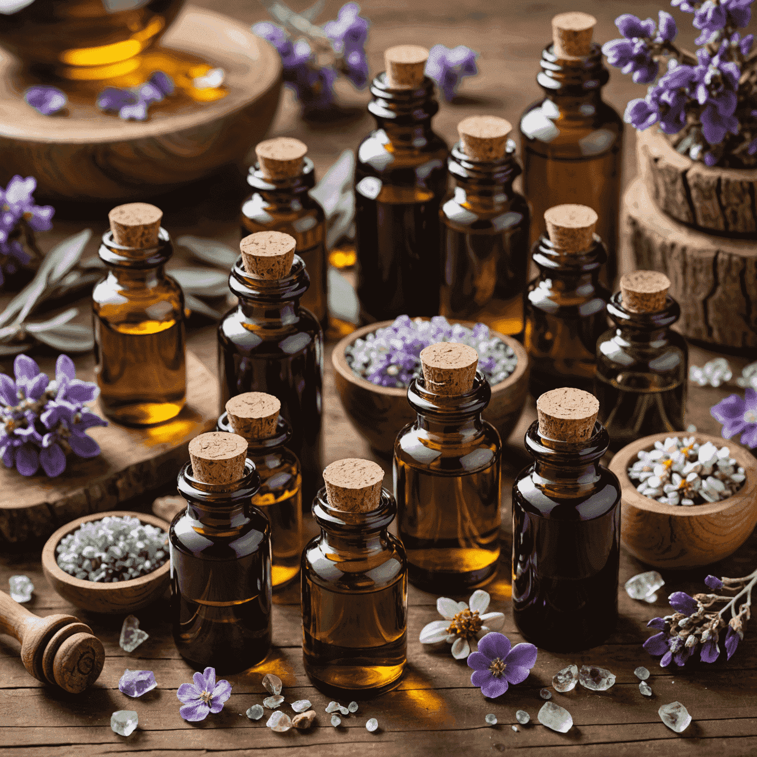 A close-up of various essential oil bottles arranged artfully with natural elements like dried flowers, crystals, and wooden diffusers. The image conveys a sense of natural luxury and aromatherapeutic potency.