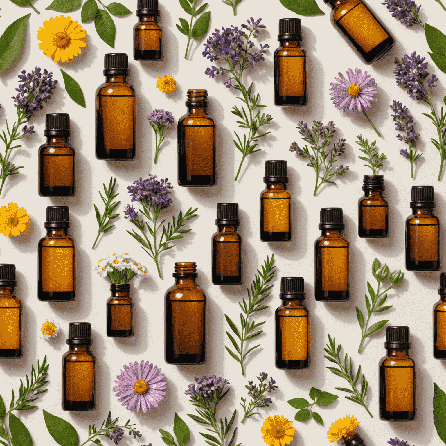 Various essential oil bottles arranged artistically with aromatic herbs and flowers, showcasing the latest aromatherapy trends