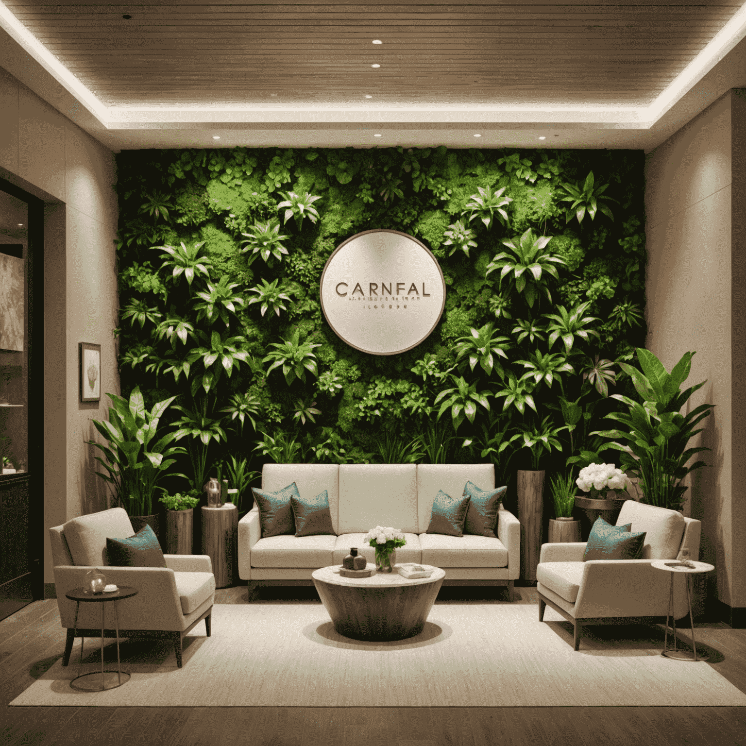 A lush green wall in the spa's reception area, with comfortable seating and natural decor elements