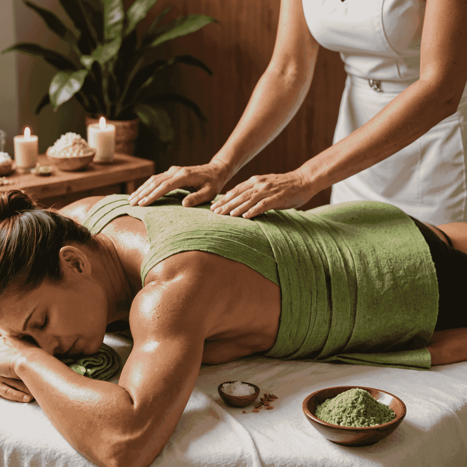 A client enjoying a luxurious body wrap treatment, with natural ingredients and exfoliating scrubs visible in the foreground