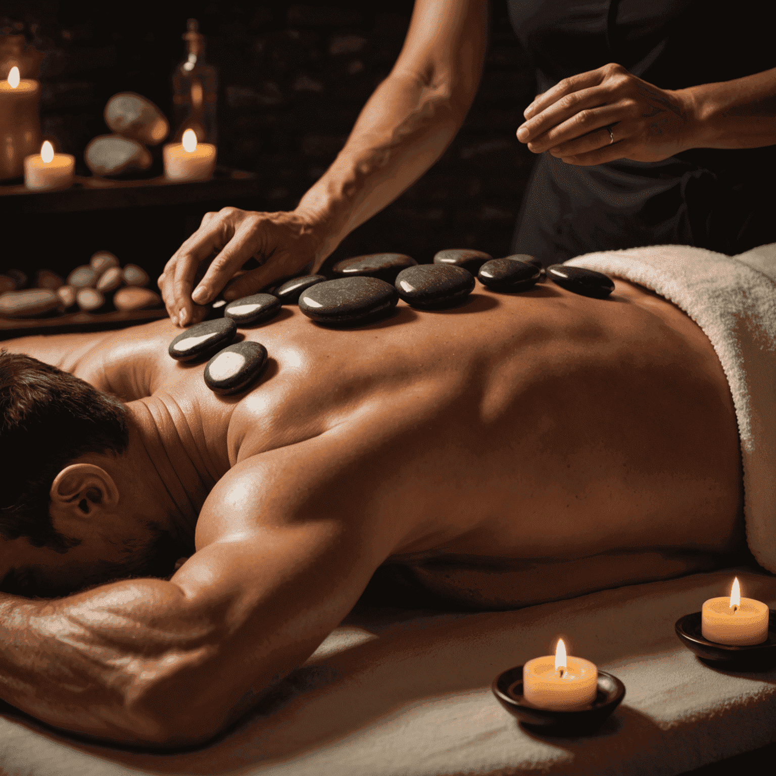 Smooth, heated stones placed along a client's spine and major muscle groups, with a therapist's hands visible, in a dimly lit spa room with natural elements