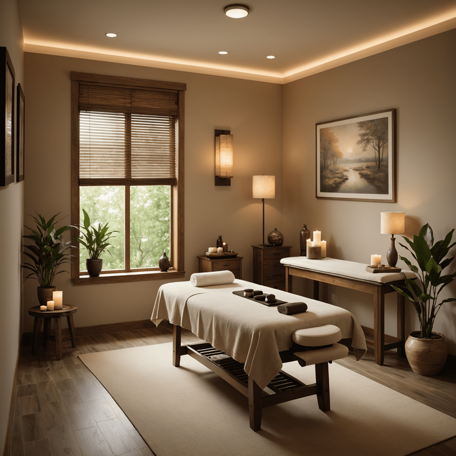 A serene massage room with soft lighting, featuring a massage table and mindfulness elements like meditation cushions and calming artwork