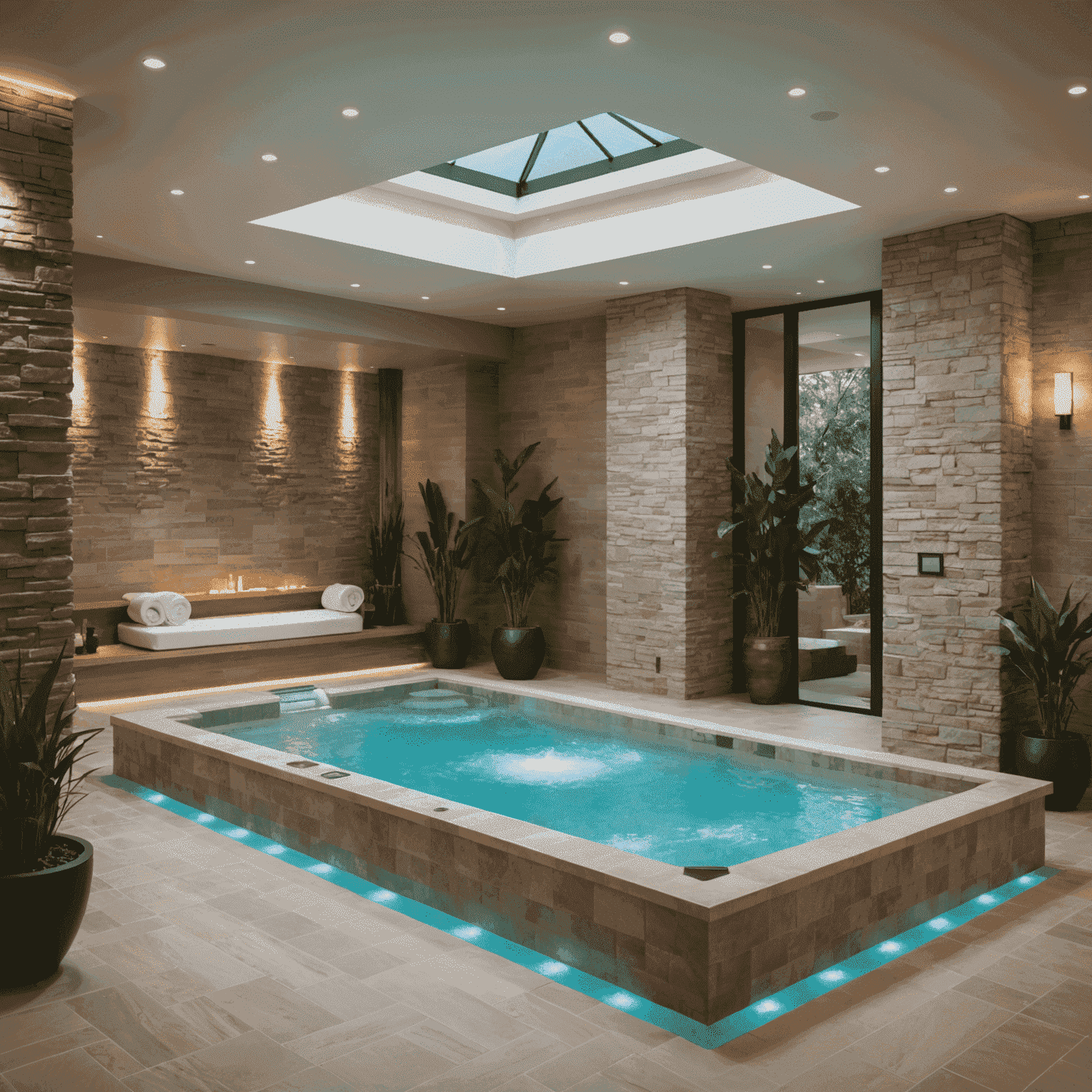 A modern hydrotherapy pool with jets and cascading water features in a tranquil spa environment