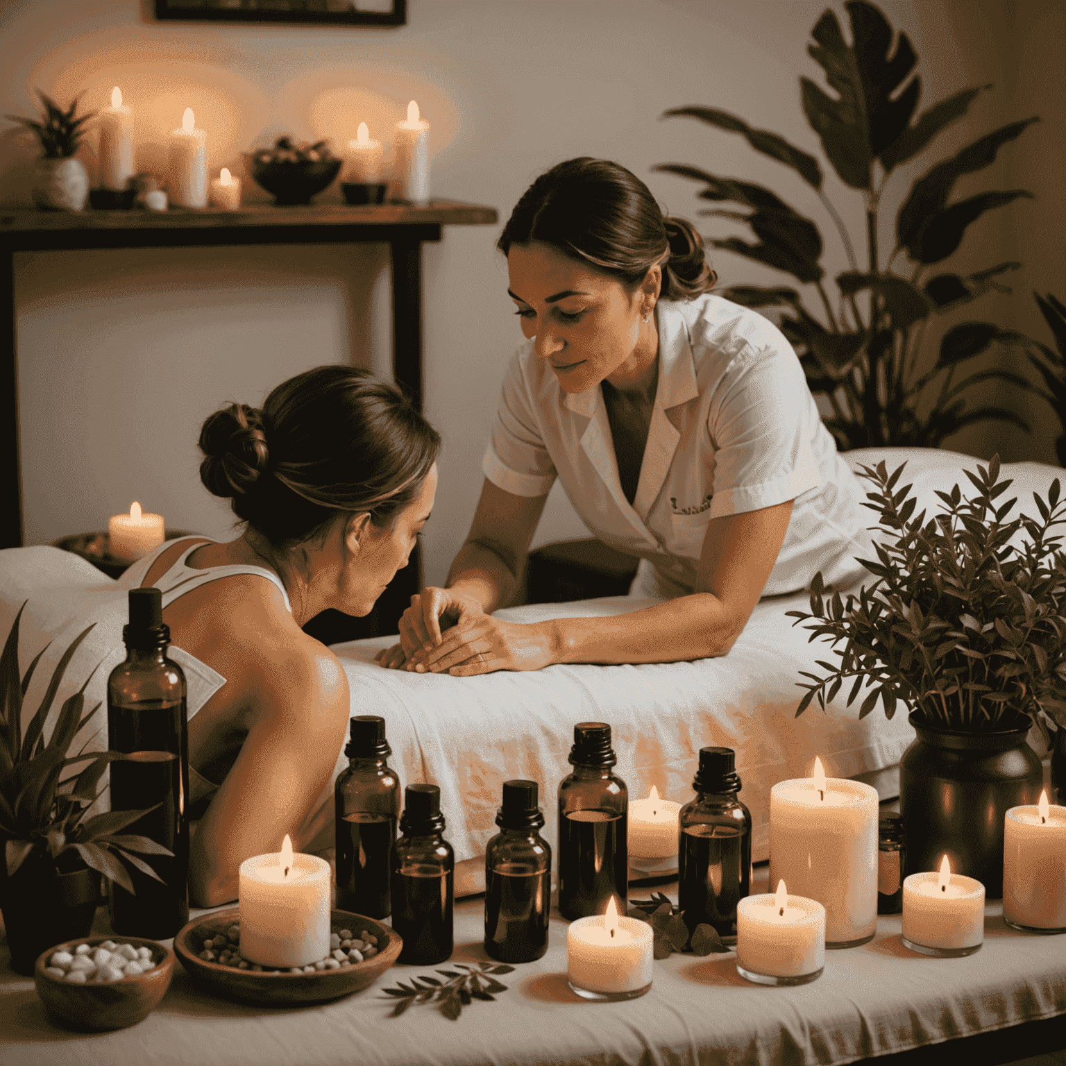 A therapist selecting essential oils for an aromatherapy massage, with a client relaxing on a massage table surrounded by candles and plants