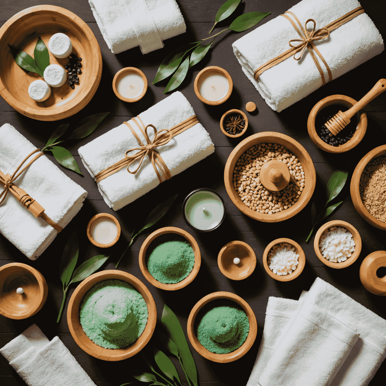 A collage of eco-friendly spa products and practices, including organic towels, bamboo accessories, and energy-efficient spa equipment