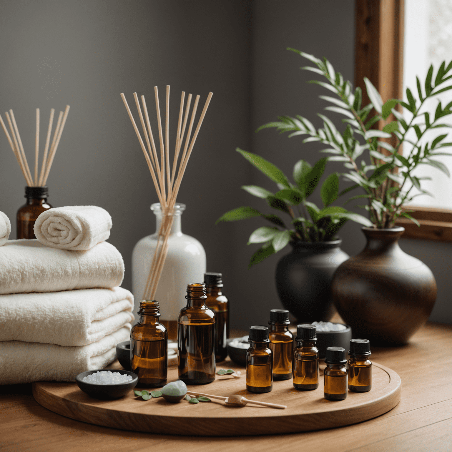 An array of essential oils and diffusers in a calming spa room, ready for a customized aromatherapy session